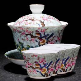 Art Bird Gaiwan Ceramic Porcelain Flower Big Tea Bowl with Saucer Lid Kit Master Tea Tureen Drinkware Gift Home Decor Crafts