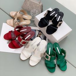 Designer-latest Swarovski Rhinestone high heeled slippers designer Real silk cloth square buckle womens sandals commute dating wedding shoes
