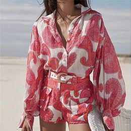 2020 2 Piece Sets Womens Outfits Long Sleeve Red Blouse and Fashion Shorts Two Piece Set Top and Shorts Flower Printed Set T200702