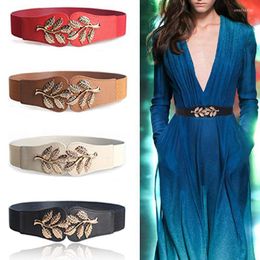 Belts Fashion Leaf Waistbands Stretchy Lady Elastic Cummerbunds For Women Dark Blue Belt Dress Gold Double Metal Buckle WaistbandBelts Emel2
