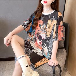 Women's T-Shirt Y2K Plus Size Character Print Mesh T Shirt Women Loose Casual Summer Hollow Short Sleeve Woman Clothes Tops Tee