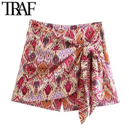 TRAF Women Fashion With Knotted Totem Print Shorts Skirts Vintage High Waist Side Zipper Female Mujer 220427