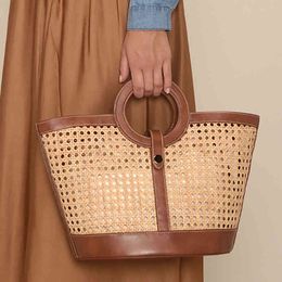 Evening Bags Brand Large Capacity Tote for Women Rattan Woven Basket Hollow Handbags Ladies Summer Round Handle Beach Purses 2022 220420