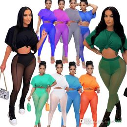 2022 Designer Tracksuits Womens T-shirt And Sheer Yoga Pants Two Piece Set Sexy Mesh Navel Exposed Nightclub Clothing S- 3XL