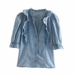 Withered high street Cascading ruffles puff sleeve denim blouse women blusas mujer de moda shirt womens tops and blouses T200502