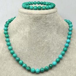 Natural Green Turquoise Round Gems 10mm Beads Necklace 18 inches Bracelet Set