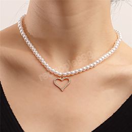 Pearl Chain Hollow Out Crystal Heart Pendant Necklace for Women Wedding Bridal Choker Fashion Neck Jewellery