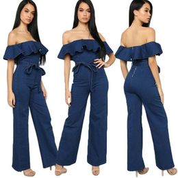 Women's Jumpsuits & Rompers Fashion Women Blue Denim Off Shoulder Jumpsuit Ruffle Belt Wide Leg Pants Playsuit Summer Romper Zipper Bodysuit