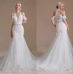 2022 New Halter Lace Mermaid Wedding Dresses Tulle Applique Beaded Summer Beach Boho Sweep Train Bridal Gowns vestidos de novia Wedding Dress CPS1993