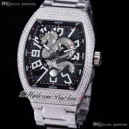 Vanguard V45 3D Silver Dragon King Automatic Mens Watch Diamonds Bezel Black Dial Big White Number Markers Stainless Steel Bracelet Watches 4 Styles Puretime E242f6