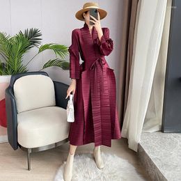 Casual Dresses Women Maxi Pleated Dress Sashes Full Sleeve V Neck Loose Style Elegant Super Long 2022 Autumn Fashion ClothingCasual