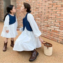 2pcs Mother And Daughter Matching Dress Spring Parent-Child Women Child Girls White Long Sleeve Dress And Denim Vest Outfit