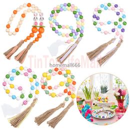 Nordic Easter Wood Bead Garland with Tassels Farmhouse Beads Rustic Country Decor Kid Room Wall Hanging Ornament Home Decor AA