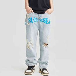 Mens and Womens Hole Letter Embroidery Ripped Retro Jeans Pants Straight Oversize Washed Distressed Casual Denim Trousers 2022 T220803