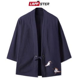 LAPPSTER Streetwear Kimono Cardigan Summer Tops For Men Crane Embroidery Casual Shirts Male Harajuku Vintage Clothing 5XL 201105