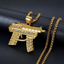 Pendant Necklaces Golden Gun Shape Stainless Steel Necklace With Chain For Women/Men Ices Out Bling Rhinestones Hip Hop Jewellery WholesalePen