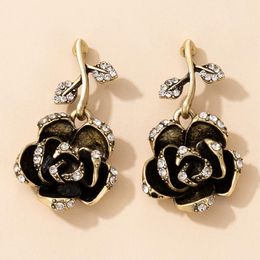 Dangle & Chandelier HuaTang Trendy Rhinestone Black Roseflower Drop Earrings For Women Gold Colour Romantic Wedding Party Ear Hanging Jewellery