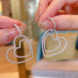 Dangle Earring Sweet Cute Simple Fashion Jewelry 925 Sterling Silver Pave 5A Cubic Zircon CZ Diamond Double Heart Women Drop Earrings Gift