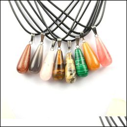 Pendant Necklaces Natural Stone Crystal Quartz Opal Long Water Drop Necklace Leather Chains For Men Women Fashion Jewe Dhseller2010 Dh4Er