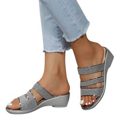Sandals For Women Lace Up Fashion Summer Women's Thick Soled Wedge Heel Solid Colour Sequin Fish BrandSandals