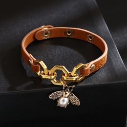 Charmsmic New Vivid Bee Pendant Charms Bracelets & Bangles For Women Punk Style Brown PU Leather Metal Button Jewellery