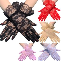 Ladies Short Lace Gloves New Sheer Fishn Net Black White Prom Party Gloves Female's Fashionable Soild Colour Mittens 6 Colours