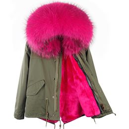 Woman Army Green Jacket Large Raccoon Fur Collar Hooded Coat Parkas Outwear Detachable Lining Winter Short 201027