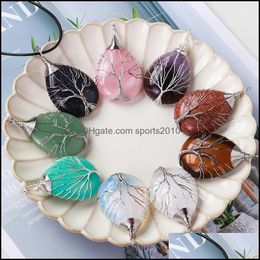 Arts And Crafts Natural Stone Healing Crystal Tree Of Life Charms Waterdrop Pendants Rose Quartz Wire Wrapped Trendy Jewelr Sports2010 Dh5Du