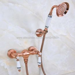 Bathroom Shower Sets Antique Red Copper Wall Mounted Faucet Set Mixer W/ Hand Sprayer Dual Handle And Cold Water Kna301Bathroom