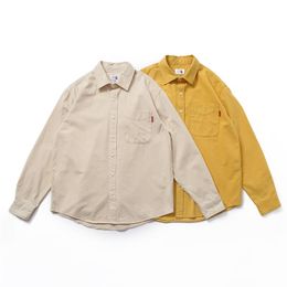 Men's Casual Shirts Vintage Sand Washed Cavalry Twill Long Sleeve Shirt Japanese Loose Patch Bag ShirtMen's