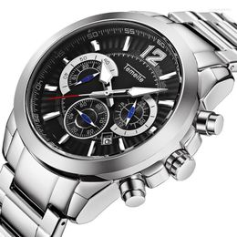 Fashion Black Silver Quartz Watch Waterproof Stainless Steel Chronograph Men Watches Luminous Hand Business Date Clock Wristwatches