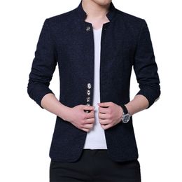 Men Fashion Stand Collar Slim Fit Chinese High Quality Blends Suit Jacket / Male Casual Trend Large Size Wool Blazer Coat 220409