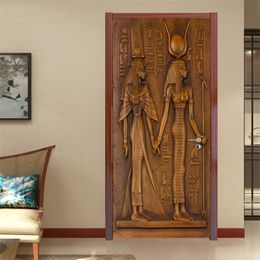 European Style Retro Door Sticker 3D Egyptian Sculpture Wallpaper Living Room Kitchen PVC Waterproof Home Decal Vinyl Mural 220426