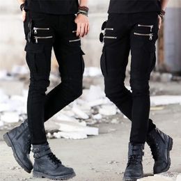 Motorcycle Denim Pants Men's Black Jeans Fashion Stretch Zipper Skinny Pleated Moto Biker Men Slim Selling 220328