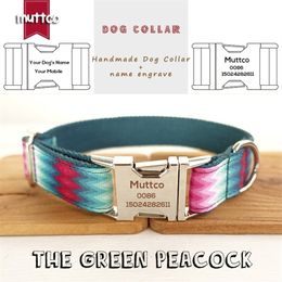 MUTTCO Engraved dog collar retailing cool selfdesign Antilost custom puppy name The GREEN PEACOCK dog collar 5 sizes UDC010 220610