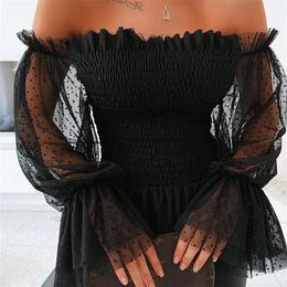 wsevypo Sexy Off Shoulder Blouse Women Mesh Flare Sleeve Shirts Summer Fashion Sheer Long Sleeve Lace Frill Blouser Tops 220623