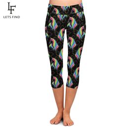 LETSFIND Fashion Women Black Leggings 3D Unicorn Print High Waist Plus Size Comfortable Fitness Leggings MidCalf Pants 201014