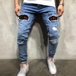 Men's Jeans Men Fashion Letter Embroidery Stretch Destroyed Frayed Denim Pants Male Casual Skinny Blue Ripped PantalonesMen's