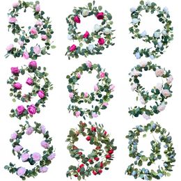 Artificial Flower Eucalyptus Garland with 10 Flowers Heads Silk Rose Vine Hanging Wreath for Wedding Home Office Decor