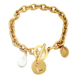 Charm Bracelets MinaMaMa Stainless Steel Jesus Baroque Pearl Initial Letter Bracelet For Women Catholic Jewelry GiftCharm