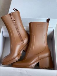 Luxury Designer Womens Half Boots shoes Winter Chunky Med Heels Plain Square Toes shoe Rain boots Zip Women Mid Calf Booty Wear Resistant Thick Soled Boot size 35 - 40