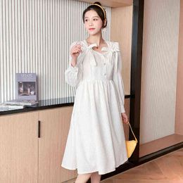 Sweet Fairy Maternity Dresses Long Sleeves Square Collar High Waist Bow Dress Pregnant Woman Empired Cotton Princess Dress White J220628