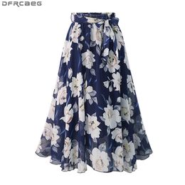 New Plus Size Women Chiffon Skirt Europe Fashion Bow Saia Midi Lining Jupe Femme Lace Up Falda Mujer Summer Print Floral Skirts T200106