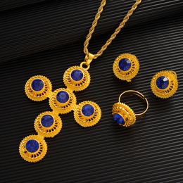 Ethiopian Gold Pendant Necklace Earings Ring Hair Pin Eritrea Africa Women Wedding Jewelry Set large-scale Cross Diamond CZ