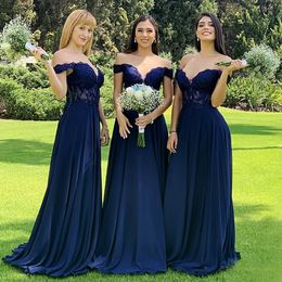 Elegant Navy Blue Bridesmaid Dress For Wedding 2022 Fashion Sexy Illusion Top Off Shoulder Chiffon Lace Beading Formal Party Gowns Corset Long Prom Evening Dresses