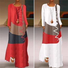 ZANZEA Womens Autumn Sundress Stitching Maxi Dress Casual Long Sleeve Tunic Vestidos Female Cotton Linen Robe 220611