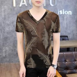 Men's T-Shirts Mesh Hollow Jacquard Feather Pattern Slim Short Sleeve T Shirt Men Summer Quality Soft Comfortable Fashion Elastic CamisetasM