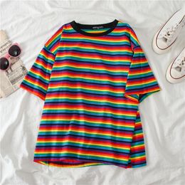 Minimalist Short Sleeve Women clothes Tops tee shirt couple clothes tshirt top Sweet Rainbow Stripe Women Summer TShirt 220615