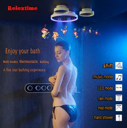 White Black High Flow Bathroom Concealed Thermostatic Shower Set Bluetooth LED Ceiling Shower Head Speaker With Storage Rack Faucet Rain Misty