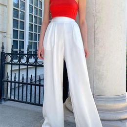 Summer Womens Pants Wide Leg Loose Trousers High Waist Elegant Solid Color White Green Silk Satin Pants Women Casual 220704